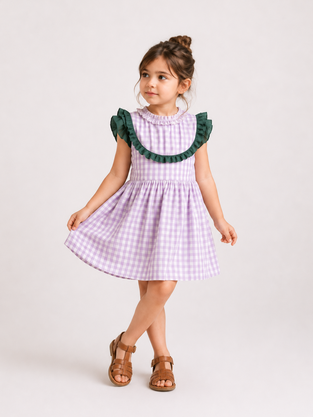 Girls Lavender Gingham Dress | Cotton Checkered Dress with Green Ruffle Details for Toddlers & Kids (1–5 Years)