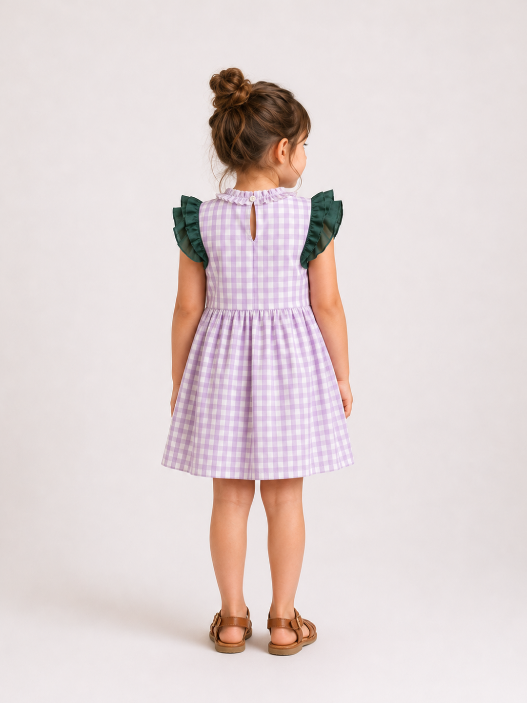 Girls Lavender Gingham Dress | Cotton Checkered Dress with Green Ruffle Details for Toddlers & Kids (1–5 Years)