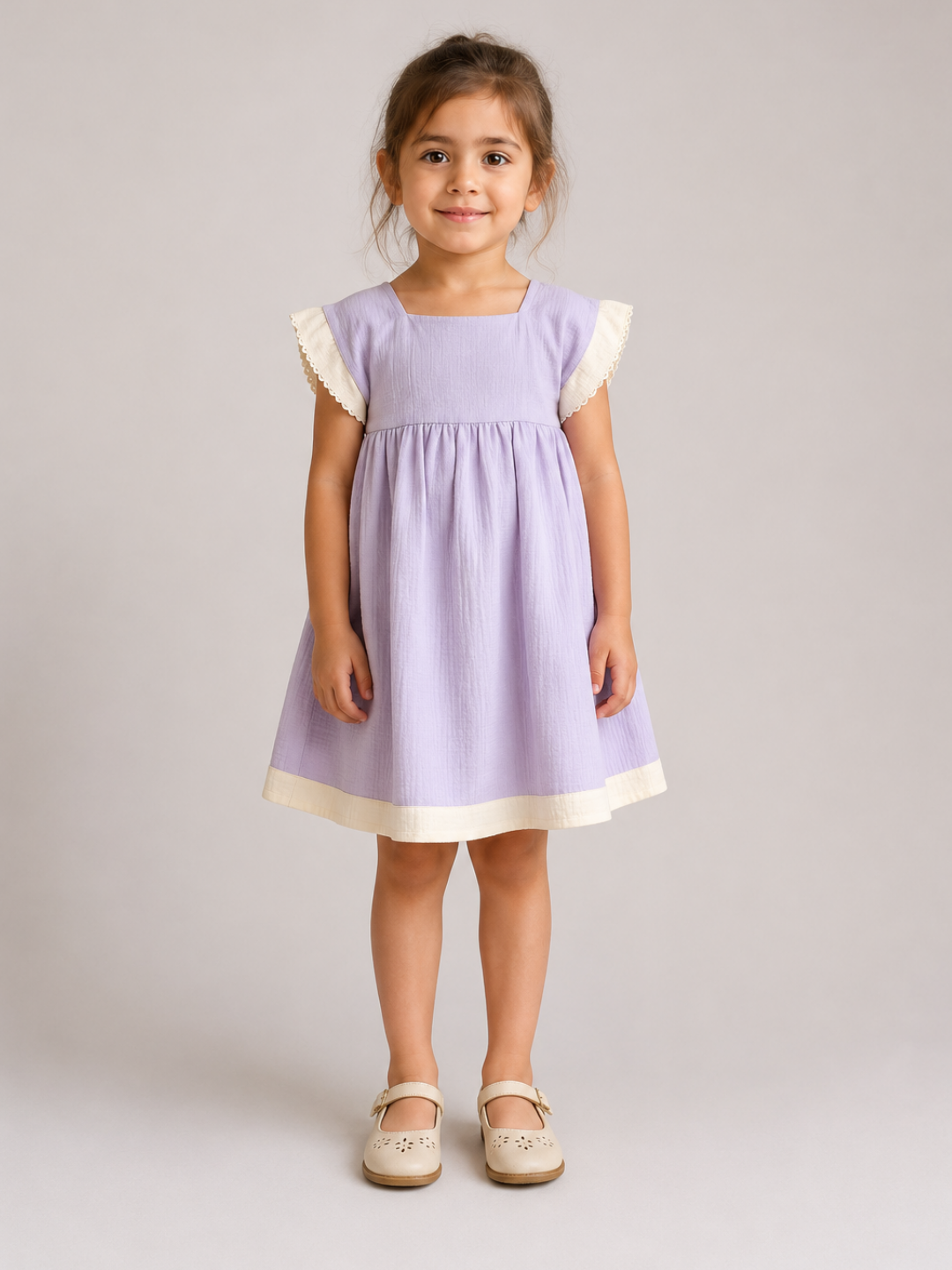 Girls Lavender Cotton Dress | Pastel Purple A-Line Dress with Contrast Flutter Sleeves for Toddlers & Kids (1–5 Years)