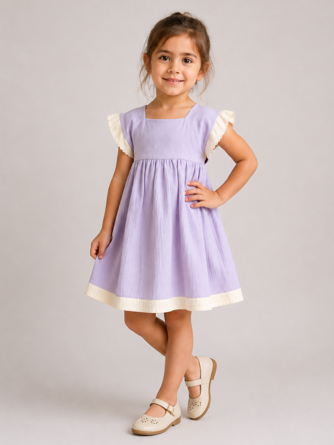 Girls Lavender Cotton Dress | Pastel Purple A-Line Dress with Contrast Flutter Sleeves for Toddlers & Kids (1–5 Years)