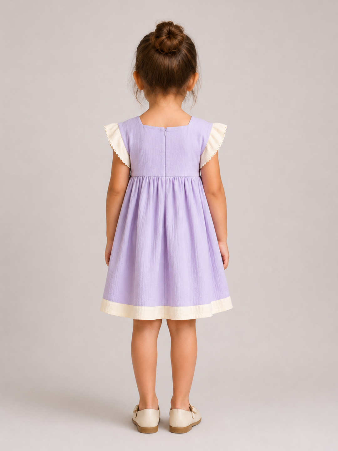 Girls Lavender Cotton Dress | Pastel Purple A-Line Dress with Contrast Flutter Sleeves for Toddlers & Kids (1–5 Years)