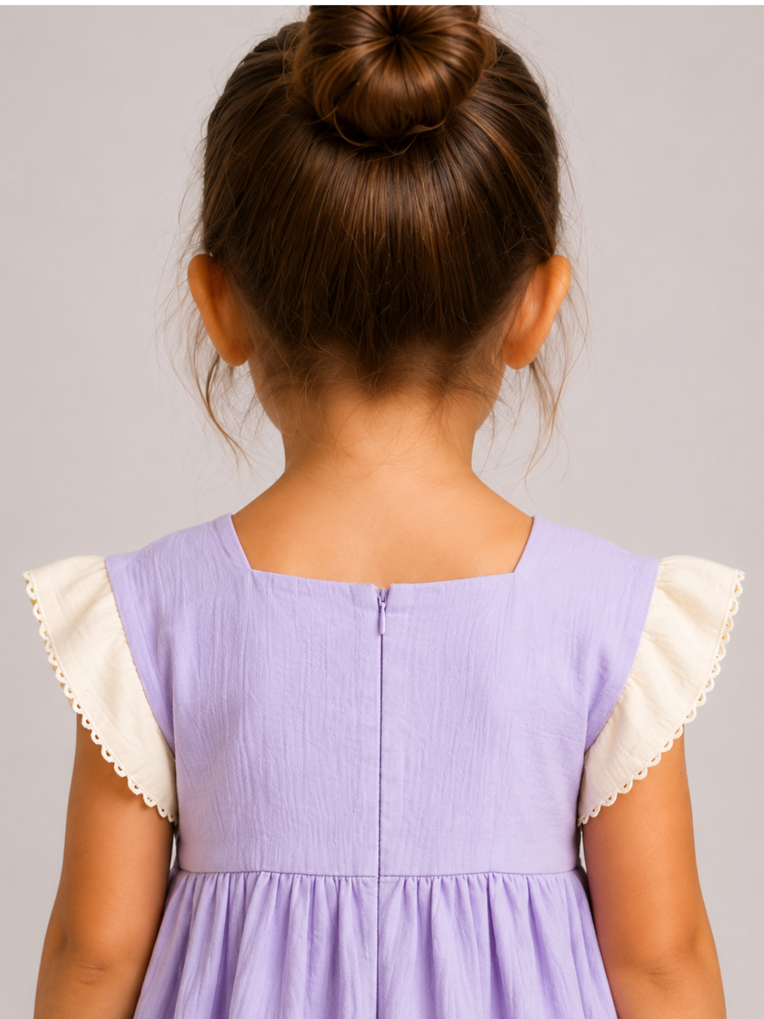 Girls Lavender Cotton Dress | Pastel Purple A-Line Dress with Contrast Flutter Sleeves for Toddlers & Kids (1–5 Years)