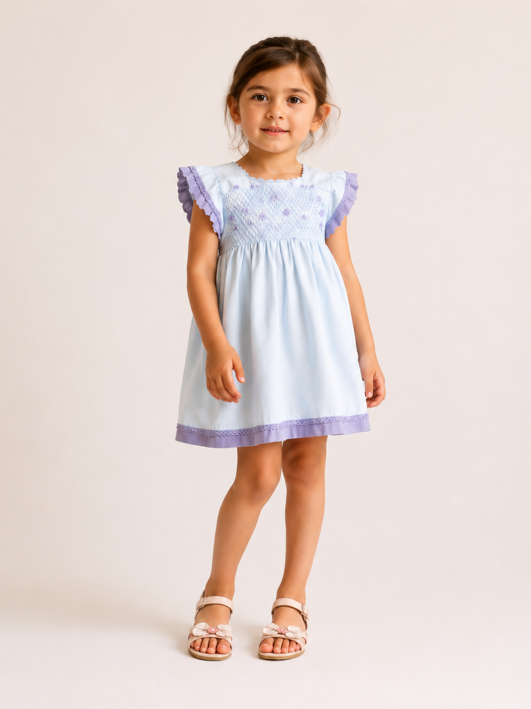 Girls Powder Blue Smocked Dress | Floral Embroidered Cotton Dress with Lavender Ruffle Sleeves for Toddlers & Kids (1–5 Years)