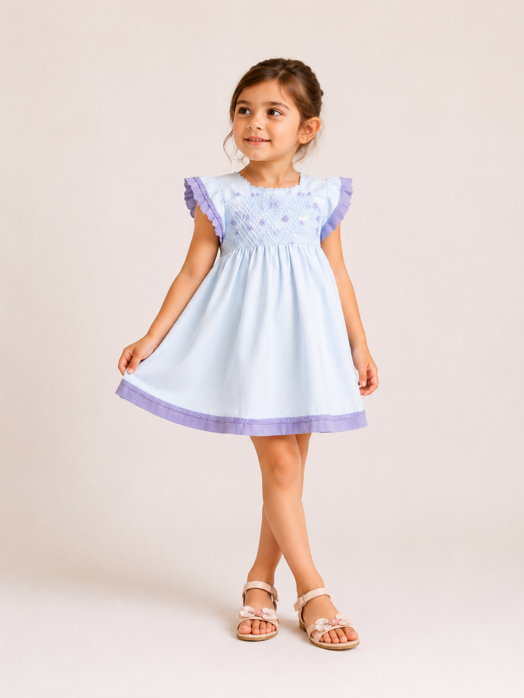 Girls Powder Blue Smocked Dress | Floral Embroidered Cotton Dress with Lavender Ruffle Sleeves for Toddlers & Kids (1–5 Years)
