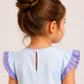Girls Powder Blue Smocked Dress | Floral Embroidered Cotton Dress with Lavender Ruffle Sleeves for Toddlers & Kids (1–5 Years)