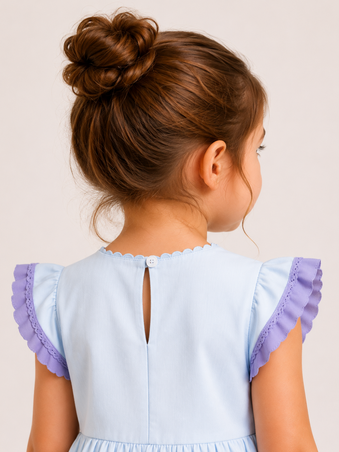 Girls Powder Blue Smocked Dress | Floral Embroidered Cotton Dress with Lavender Ruffle Sleeves for Toddlers & Kids (1–5 Years)