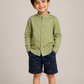 Boys Olive Green Mandarin Collar Shirt with Navy Palm Print Shorts | Premium Cotton Co-Ord Set for Kids (1–5 Years)