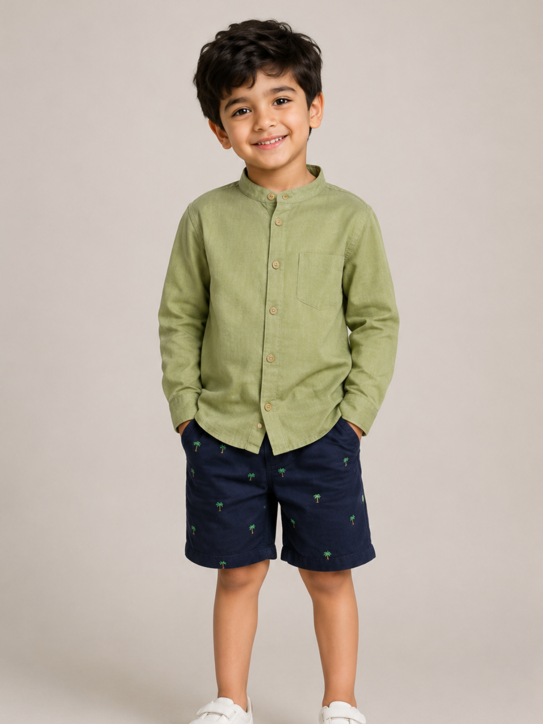 Boys Olive Green Mandarin Collar Shirt with Navy Palm Print Shorts | Premium Cotton Co-Ord Set for Kids (1–5 Years)