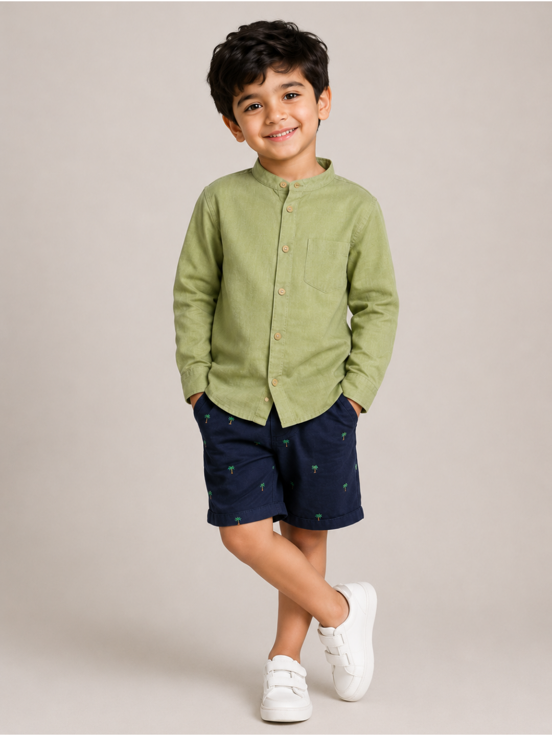 Boys Olive Green Mandarin Collar Shirt with Navy Palm Print Shorts | Premium Cotton Co-Ord Set for Kids (1–5 Years)