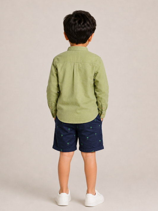 Boys Olive Green Mandarin Collar Shirt with Navy Palm Print Shorts | Premium Cotton Co-Ord Set for Kids (1–5 Years)
