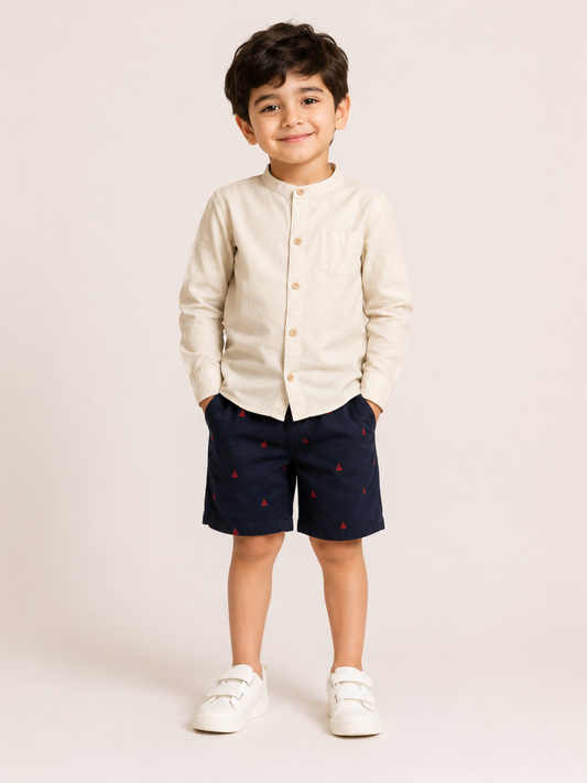 Boys Beige Mandarin Collar Shirt with Navy Embroidered Shorts | Premium Cotton Co-Ord Set for Kids (1–5 Years)