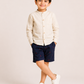 Boys Beige Mandarin Collar Shirt with Navy Embroidered Shorts | Premium Cotton Co-Ord Set for Kids (1–5 Years)