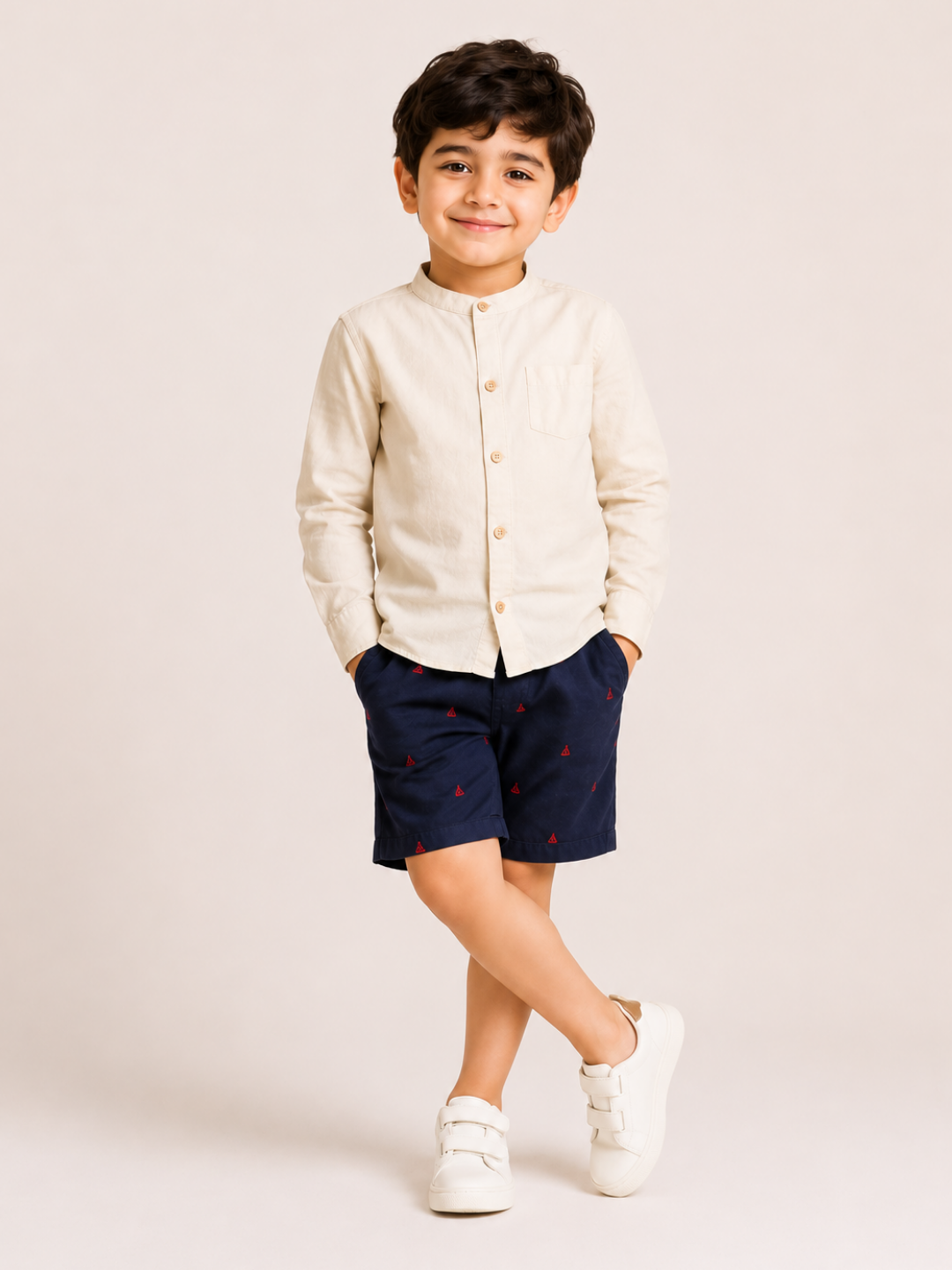 Boys Beige Mandarin Collar Shirt with Navy Embroidered Shorts | Premium Cotton Co-Ord Set for Kids (1–5 Years)