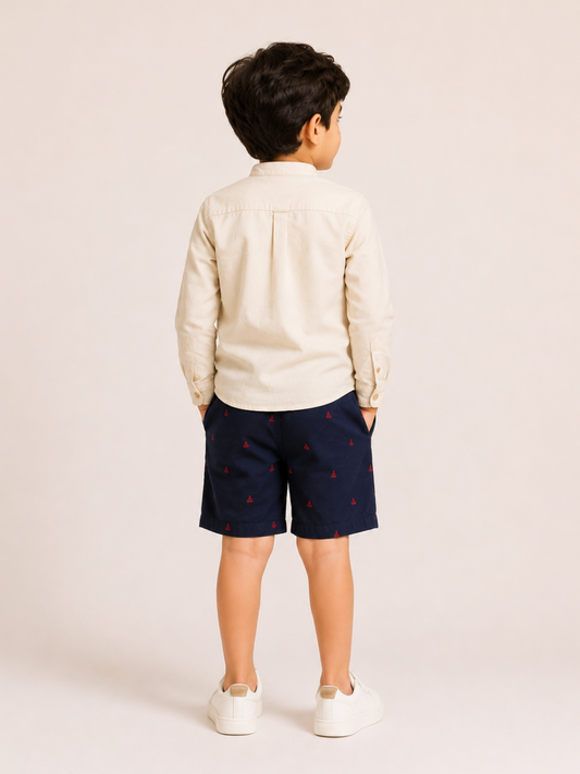 Boys Beige Mandarin Collar Shirt with Navy Embroidered Shorts | Premium Cotton Co-Ord Set for Kids (1–5 Years)