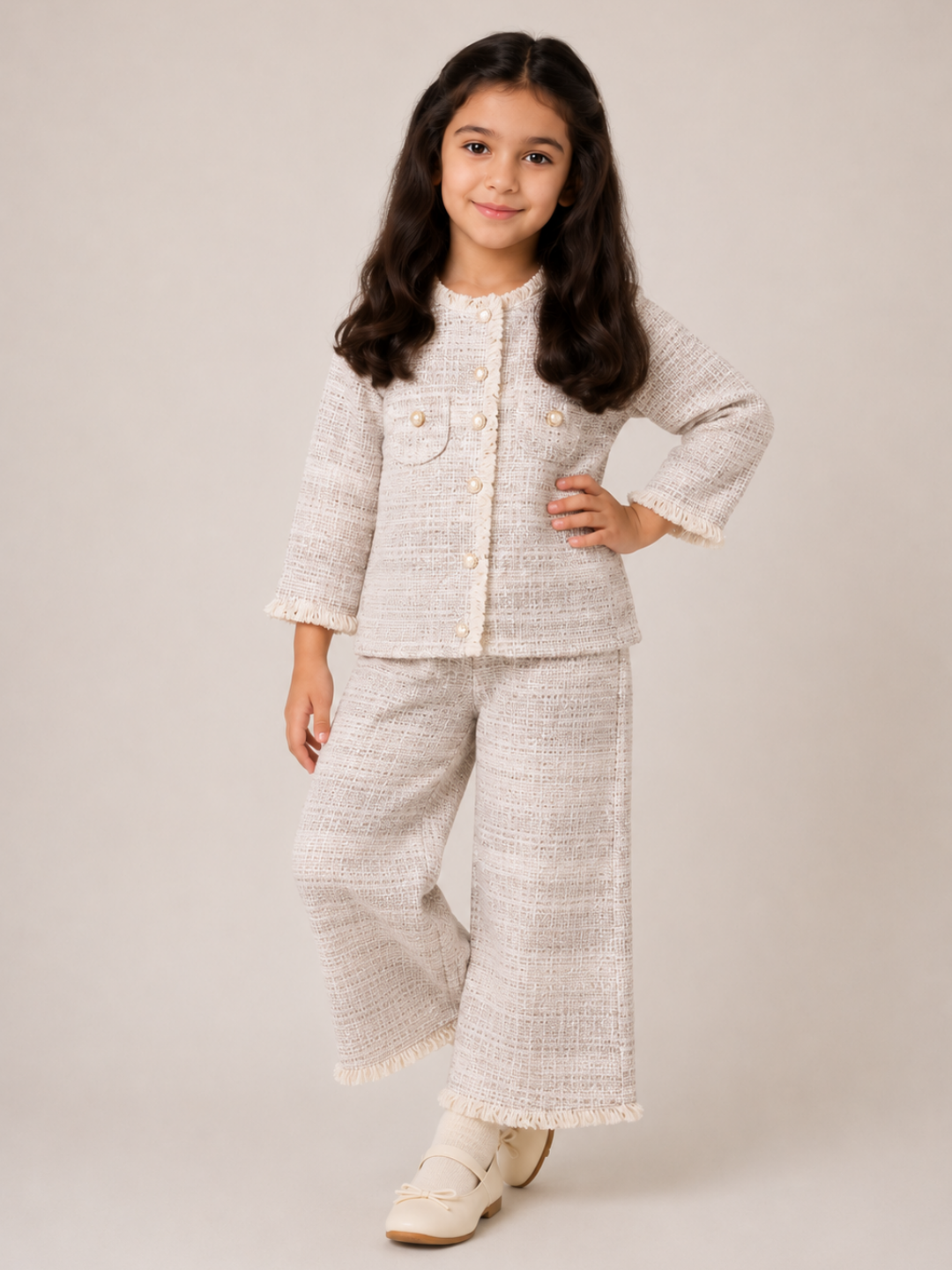 Girls Ivory Tweed Jacket and Wide-Leg Pants Co-Ord Set | Premium Party Wear Outfit for Kids (2–10 Years)