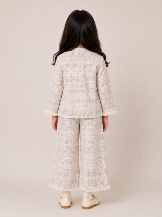 Girls Ivory Tweed Jacket and Wide-Leg Pants Co-Ord Set | Premium Party Wear Outfit for Kids (2–10 Years)