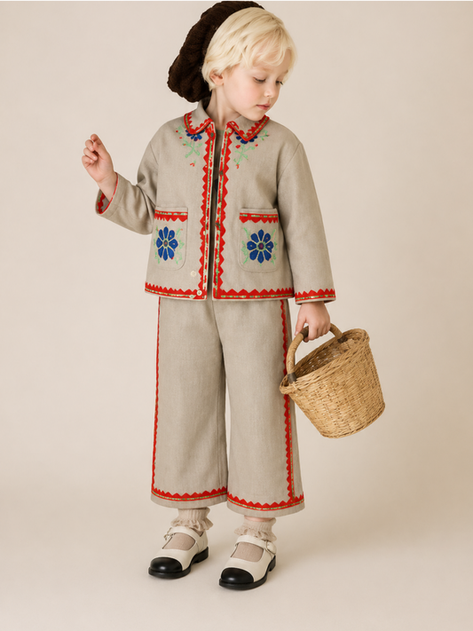 Girls Beige Embroidered Jacket and Wide-Leg Pants Co-Ord Set | Folk-Inspired Premium Party Wear Outfit for Kids (2–8 Years)