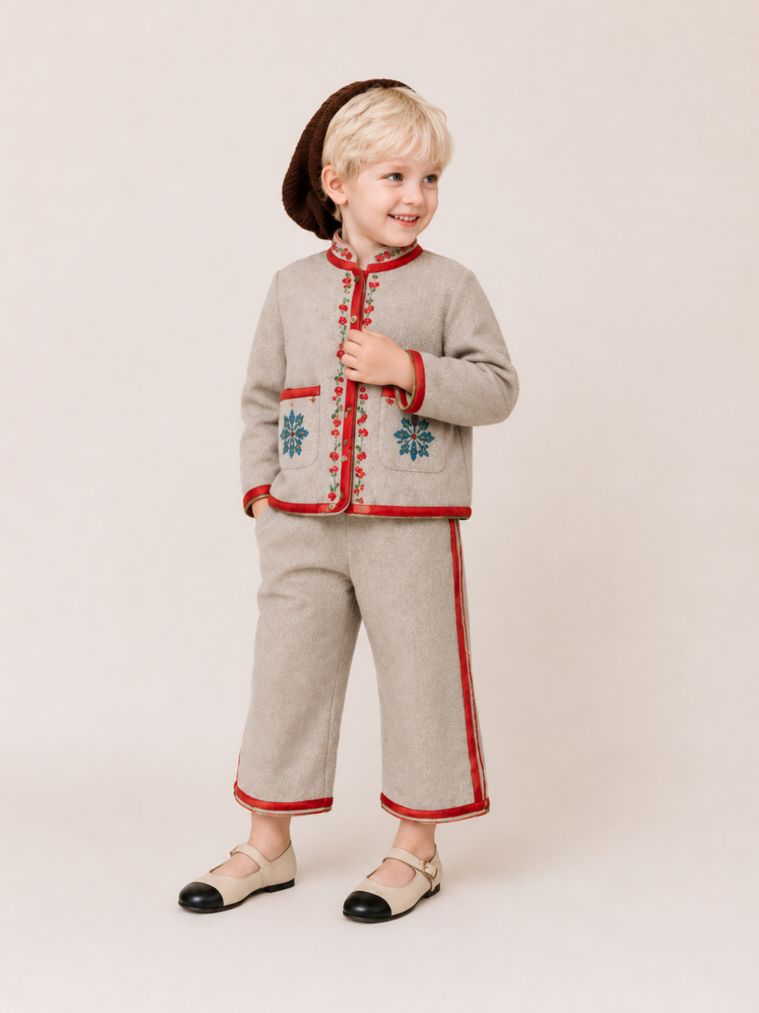 Girls Beige Embroidered Jacket and Wide-Leg Pants Co-Ord Set | Folk-Inspired Premium Party Wear Outfit for Kids (2–8 Years)