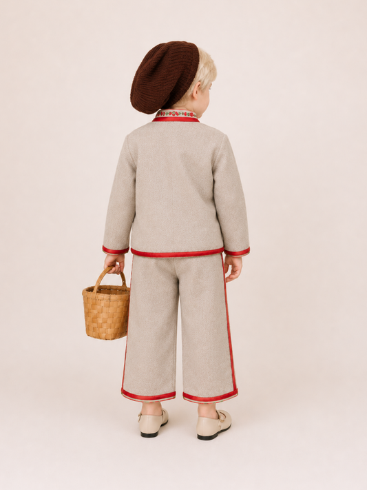 Girls Beige Embroidered Jacket and Wide-Leg Pants Co-Ord Set | Folk-Inspired Premium Party Wear Outfit for Kids (2–8 Years)