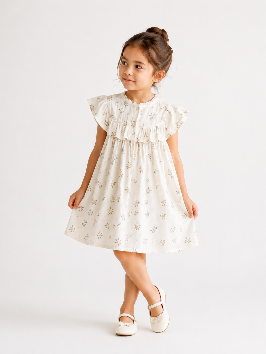 Girls White Floral Print Ruffle Dress | Soft Cotton Sleeveless Summer Frock for Toddlers & Kids (1–5 Years)