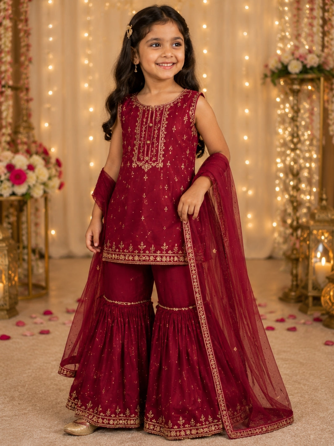 Girls Maroon Embroidered Kurta Sharara Set with Dupatta | Kids Ethnic Party Wear | Festive Traditional Outfit (1–8 Years)