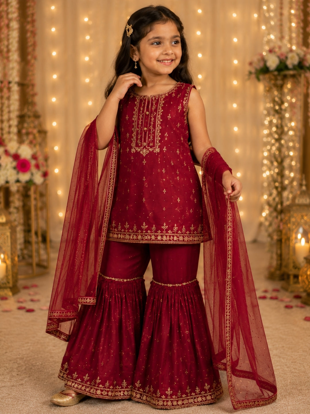 Girls Maroon Embroidered Kurta Sharara Set with Dupatta | Kids Ethnic Party Wear | Festive Traditional Outfit (1–8 Years)