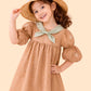 Girls Brown Cotton Dress with Bow Collar | Cute Puff Sleeve Casual Dress for Kids (2-6 Years)
