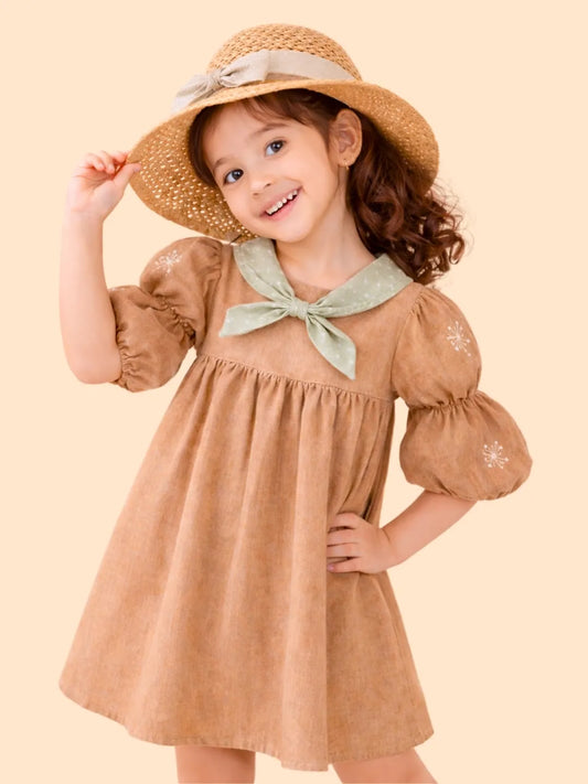 Girls Brown Cotton Dress with Bow Collar | Cute Puff Sleeve Casual Dress for Kids (2-6 Years)