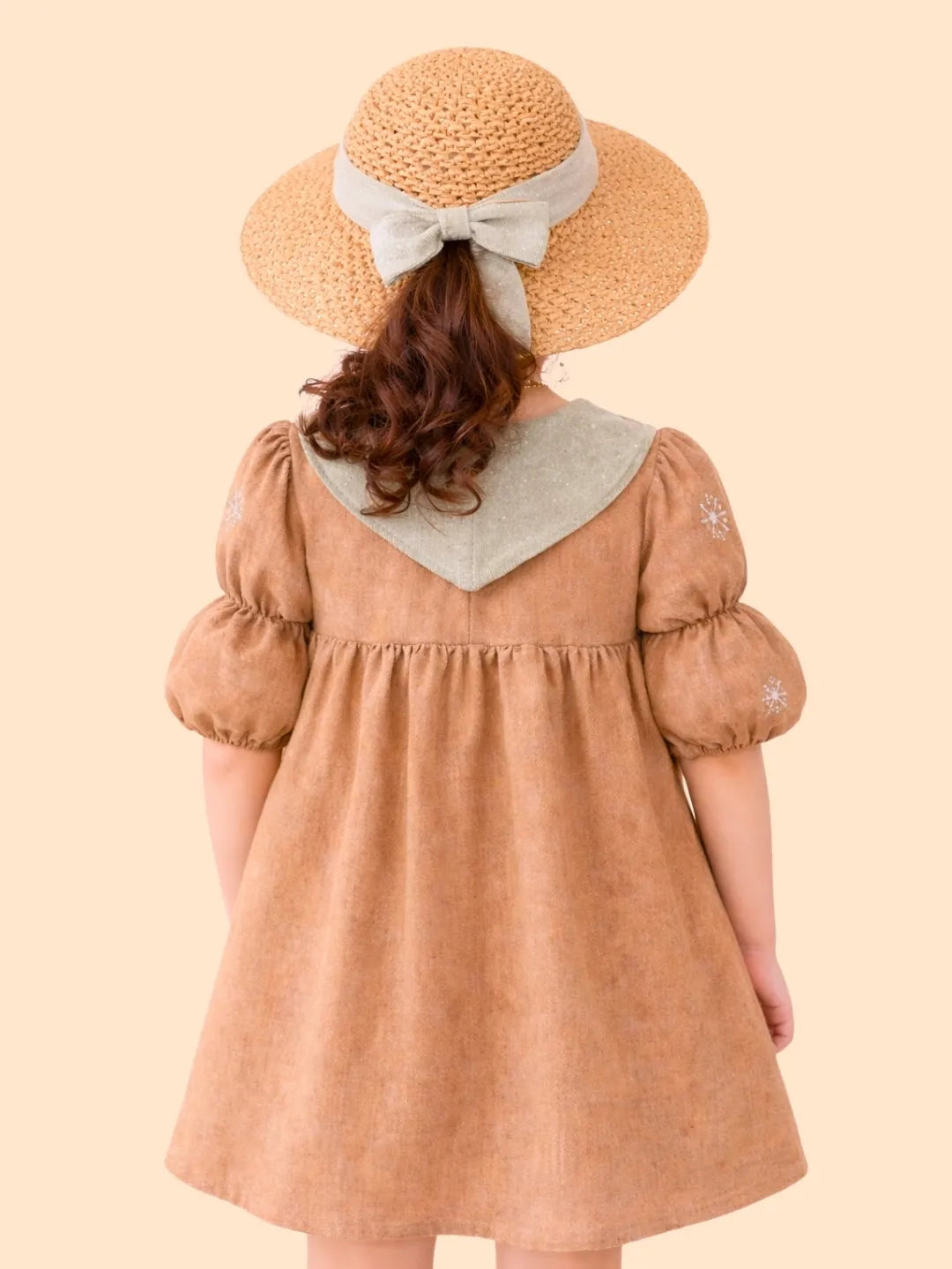 Girls Brown Cotton Dress with Bow Collar | Cute Puff Sleeve Casual Dress for Kids (2-6 Years)