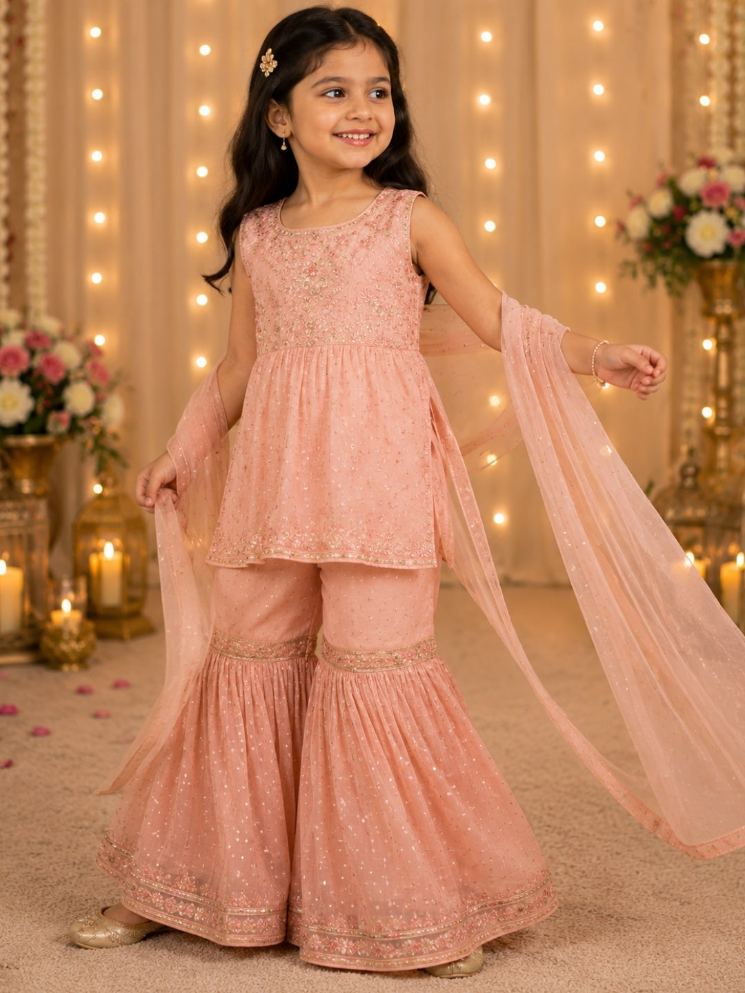 Girls Peach Embroidered Sharara Set with Dupatta | Kids Party Wear Ethnic Suit | Festive Traditional Outfit (1–8 Years)