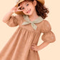 Girls Brown Cotton Dress with Bow Collar | Cute Puff Sleeve Casual Dress for Kids (2-6 Years)