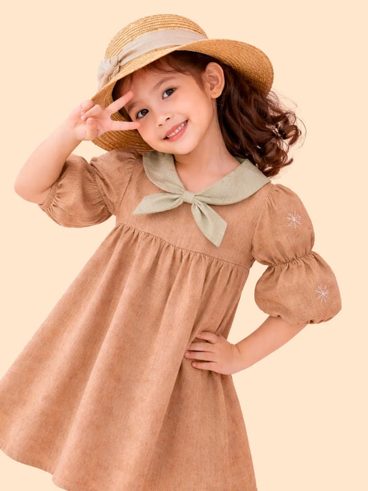 Girls Brown Cotton Dress with Bow Collar | Cute Puff Sleeve Casual Dress for Kids (2-6 Years)