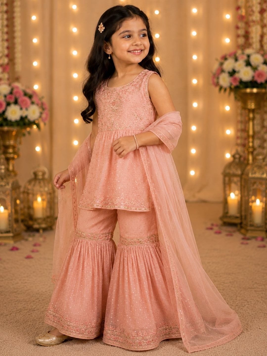 Girls Peach Embroidered Sharara Set with Dupatta | Kids Party Wear Ethnic Suit | Festive Traditional Outfit (1–8 Years)