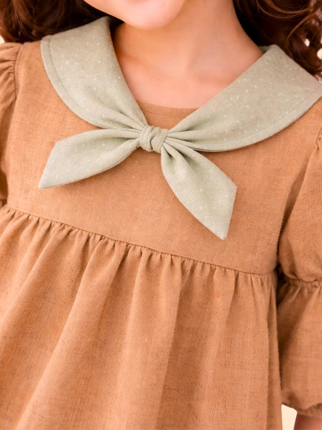 Girls Brown Cotton Dress with Bow Collar | Cute Puff Sleeve Casual Dress for Kids (2-6 Years)