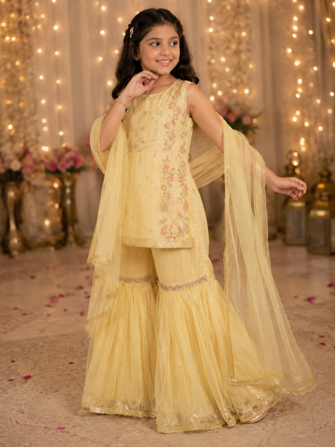 Girls Yellow Embroidered Sharara Set with Dupatta | Kids Festive Party Wear Ethnic Suit | Traditional Wedding Outfit (1–8 Years)