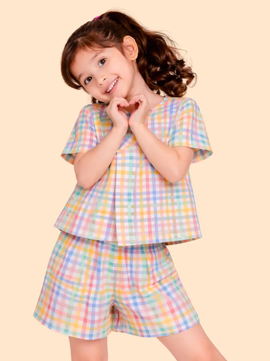 Girls Multicolor Checkered Co-ord Set | Top & Shorts Outfit for Kids (2-6 Years)