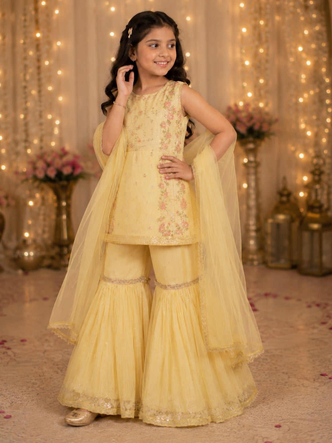 Girls Yellow Embroidered Sharara Set with Dupatta | Kids Festive Party Wear Ethnic Suit | Traditional Wedding Outfit (1–8 Years)
