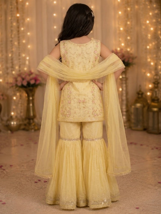 Girls Yellow Embroidered Sharara Set with Dupatta | Kids Festive Party Wear Ethnic Suit | Traditional Wedding Outfit (1–8 Years)