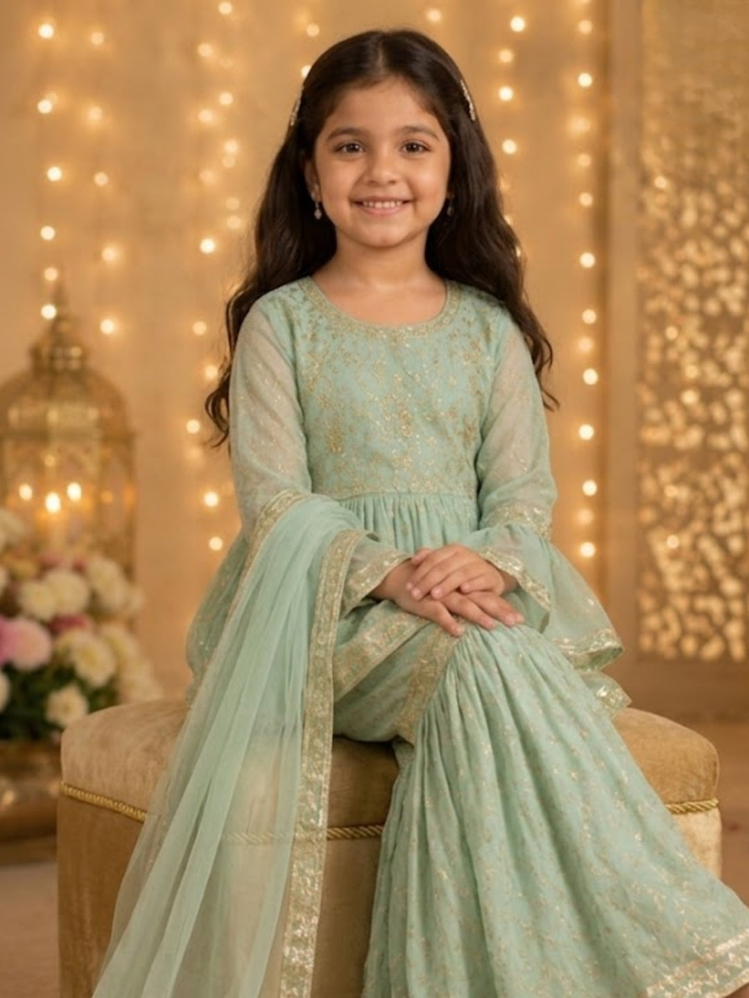 Girls Mint Green Embroidered Sharara Set with Dupatta | Kids Festive Party Wear Ethnic Suit | Traditional Wedding Outfit (1–8 Years)
