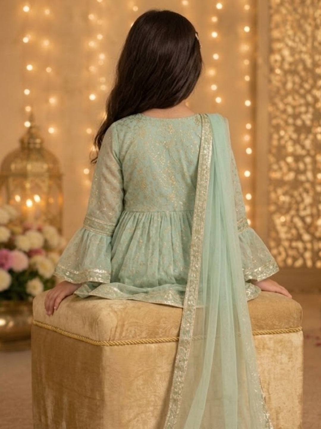 Girls Mint Green Embroidered Sharara Set with Dupatta | Kids Festive Party Wear Ethnic Suit | Traditional Wedding Outfit (1–8 Years)