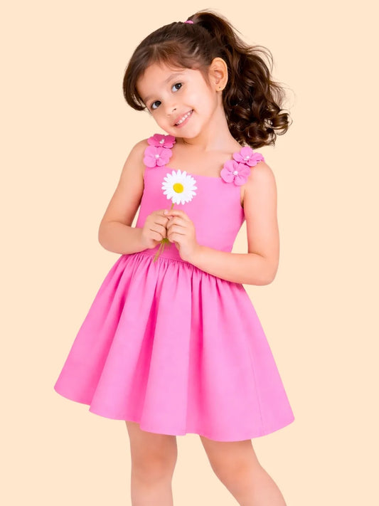 Girls Pink Party Dress with Floral Straps | Cute Sleeveless Dress for Kids (2-6 Years)