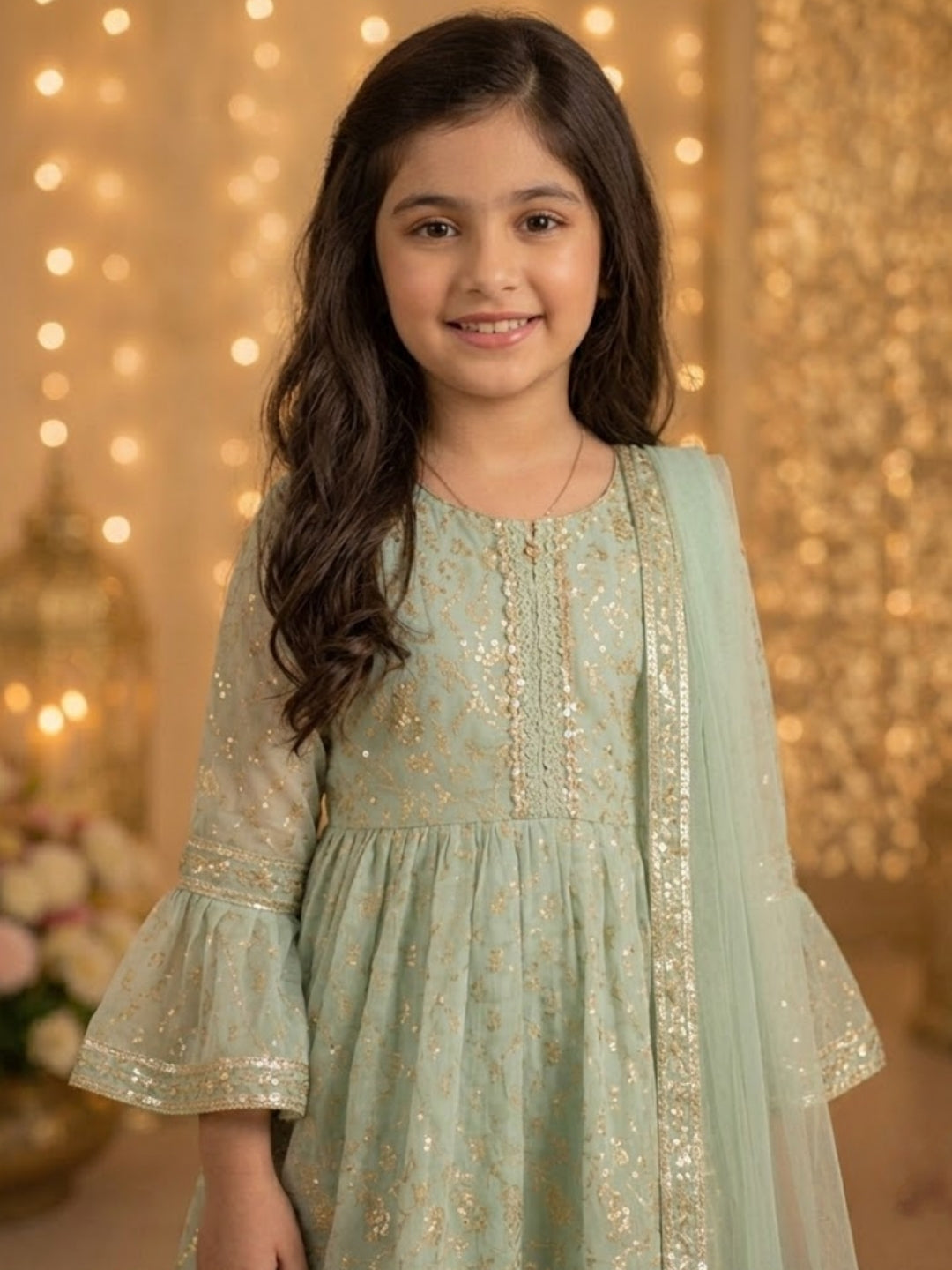 Girls Mint Green Embroidered Sharara Set with Dupatta | Kids Festive Party Wear Ethnic Suit | Traditional Wedding Outfit (1–8 Years)