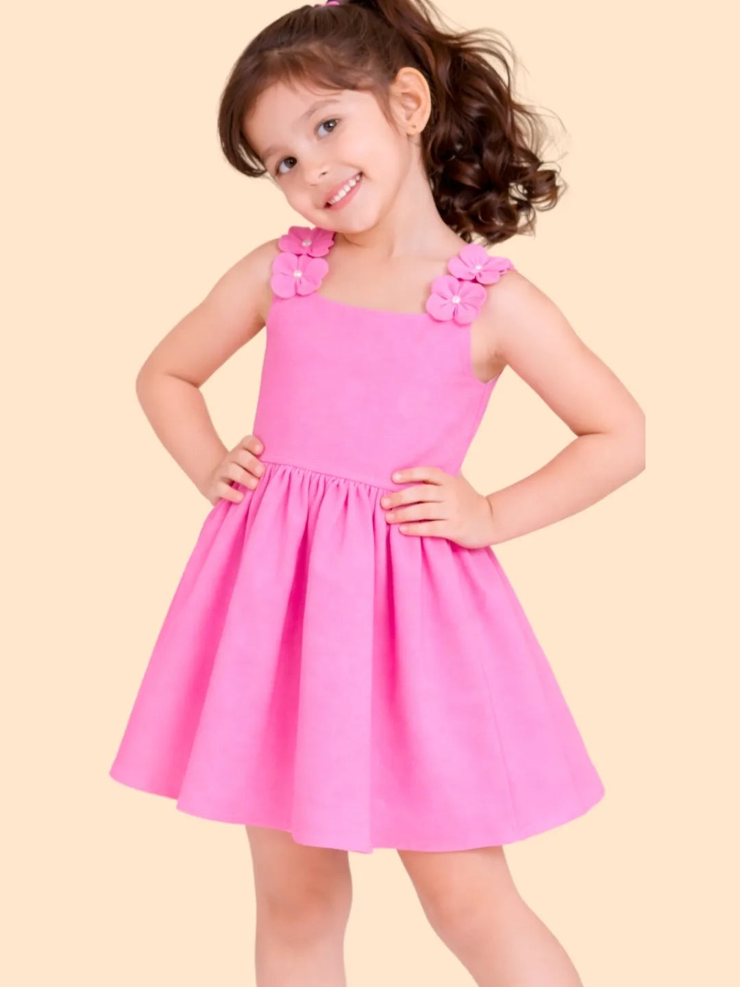 Girls Pink Party Dress with Floral Straps | Cute Sleeveless Dress for Kids (2-6 Years)