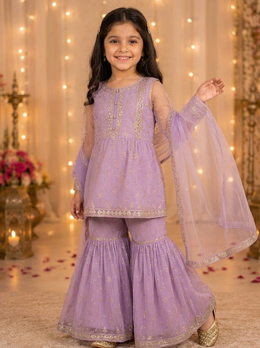 Girls Lavender Embroidered Sharara Set | Dupatta 💜✨