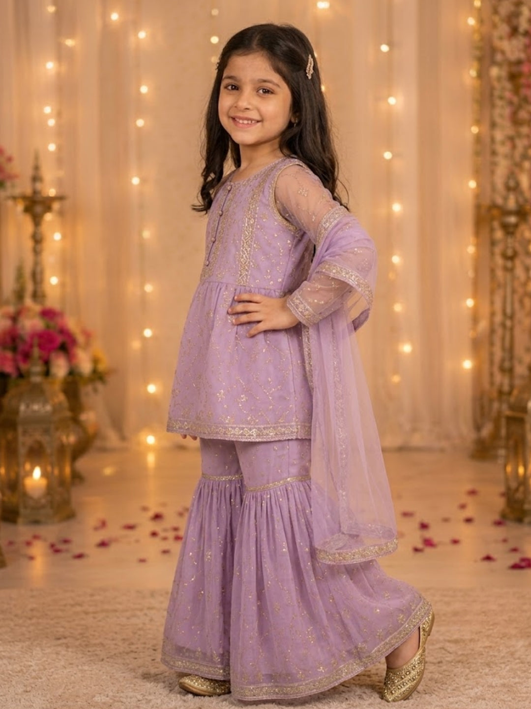 Girls Lavender Embroidered Sharara Set with Dupatta | Kids Party Wear Ethnic Suit | Traditional Festive Wedding Outfit (1–8 Years)