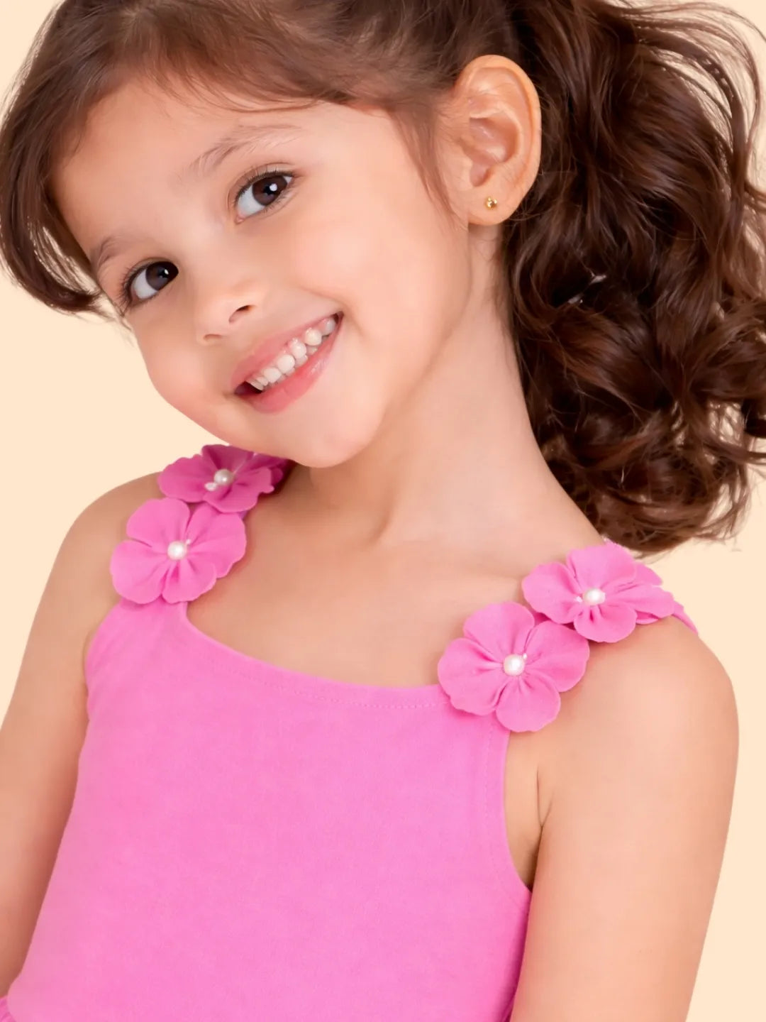 Girls Pink Party Dress with Floral Straps | Cute Sleeveless Dress for Kids (2-6 Years)