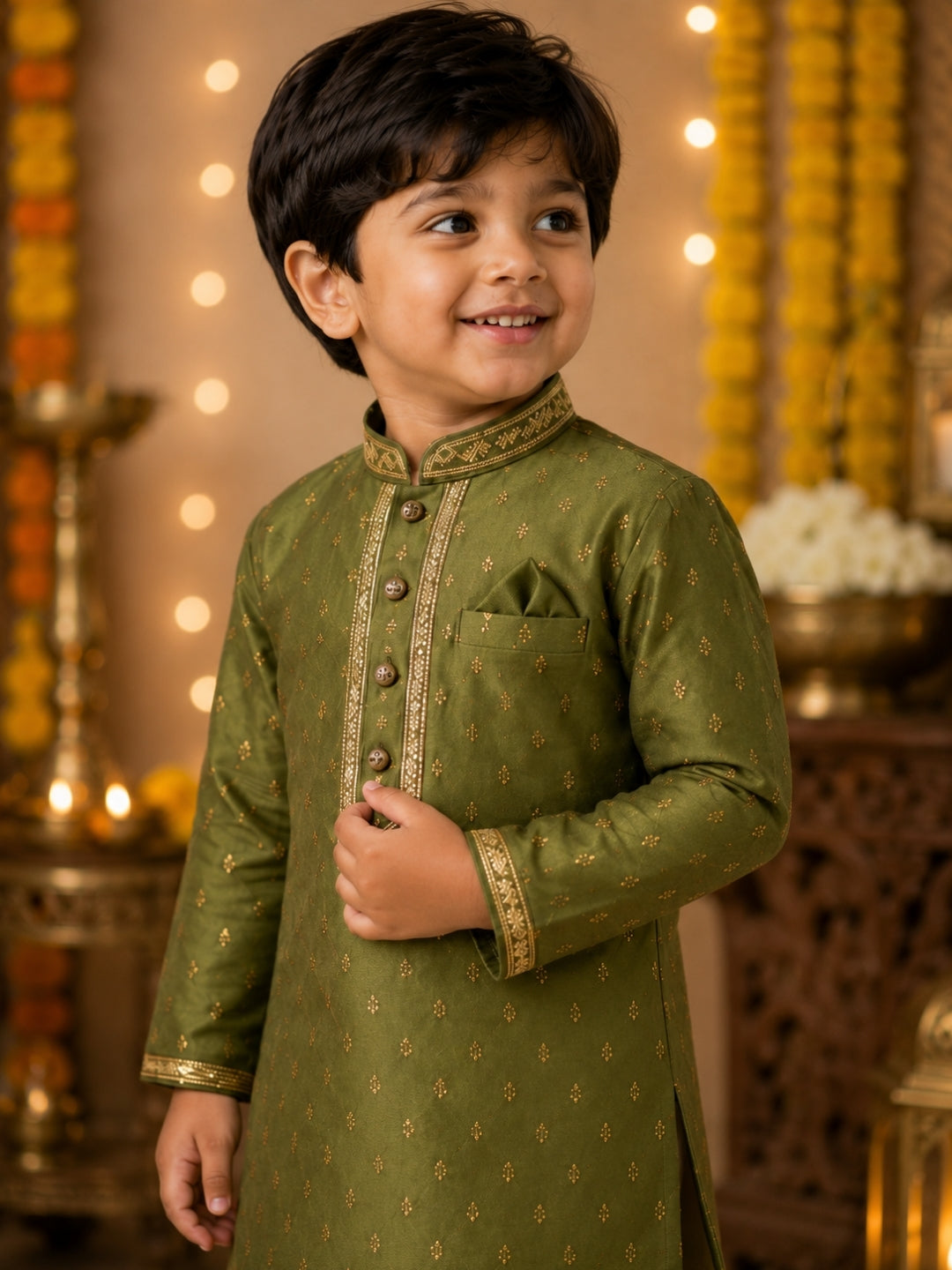 Boys Olive Green Embroidered Kurta Pajama Set | Premium Ethnic Wear for Kids | Festive, Wedding & Party Outfit (1–8 Years)