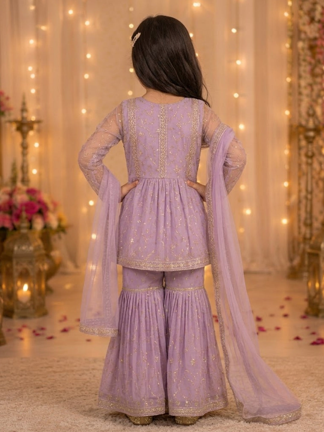 Girls Lavender Embroidered Sharara Set with Dupatta | Kids Party Wear Ethnic Suit | Traditional Festive Wedding Outfit (1–8 Years)