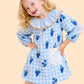 Girls Blue Gingham Dress with Grape Print | Cute Frill Collar Dress for Kids (2-6 Years)