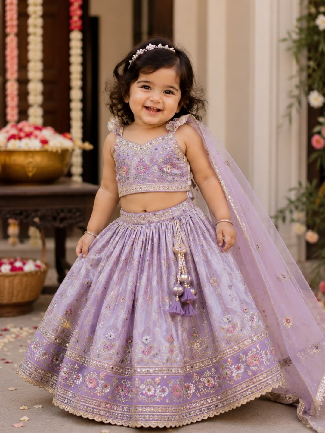 Girls Lavender Floral Embroidered Lehenga Choli with Dupatta | Kids Designer Party Wear Ethnic Set | Festive & Wedding Outfit (1–8 Years)